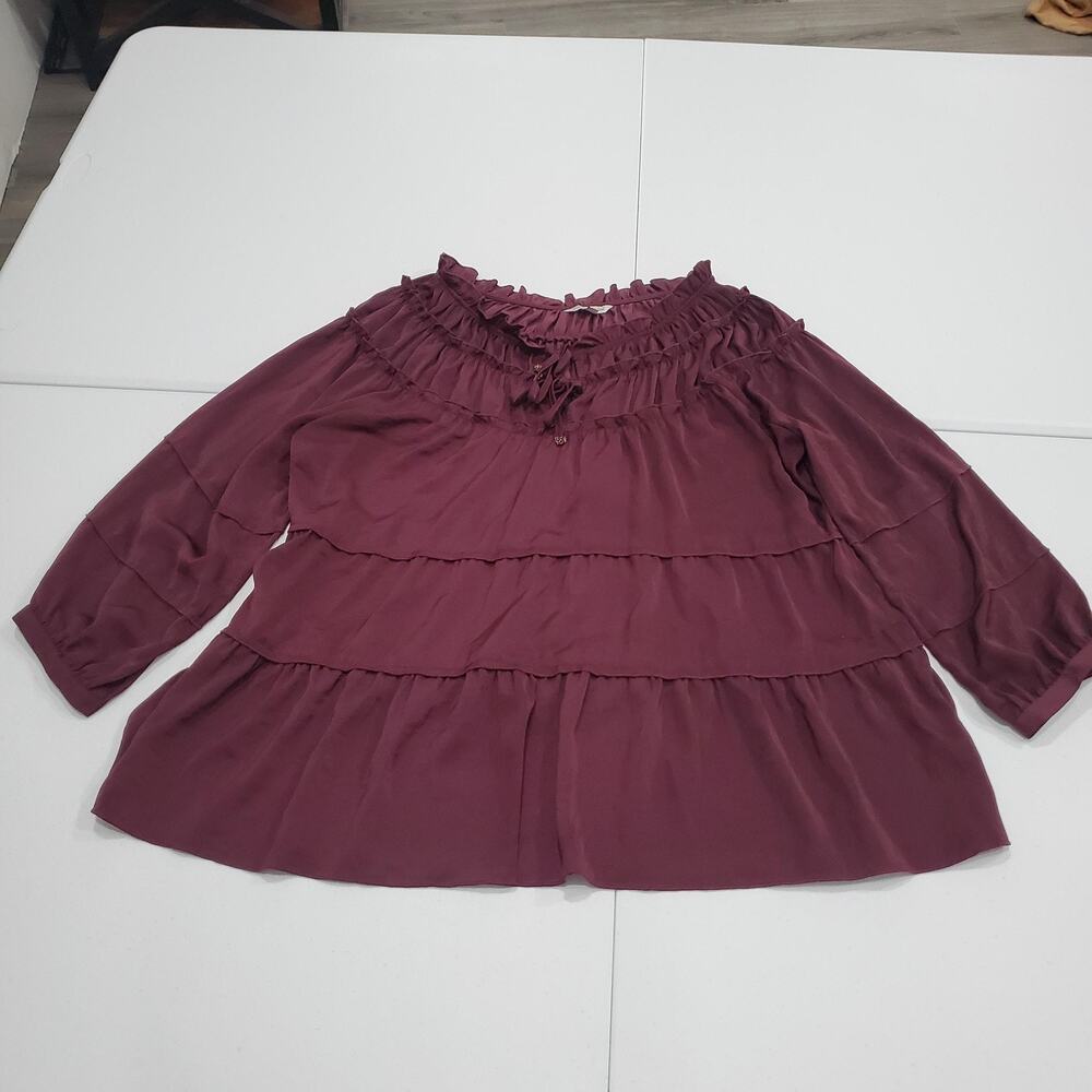 John Mark Blouse Womens XL Burgundy Ruffle Tiered Peasant Tie Neck Boho Tunic
